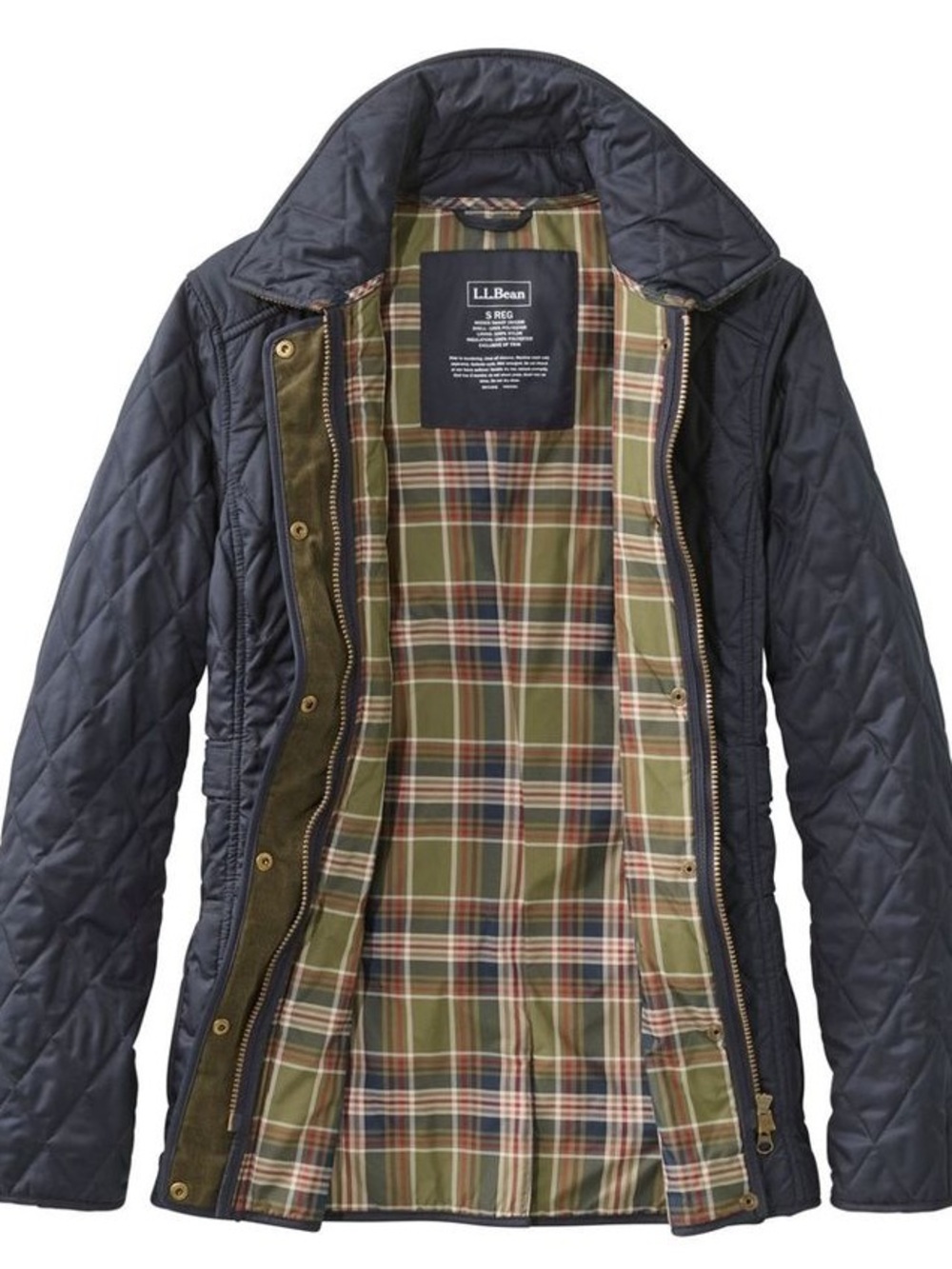 L.L. Bean Womens Navy Quilted Riding Jacket with Plaid Lining